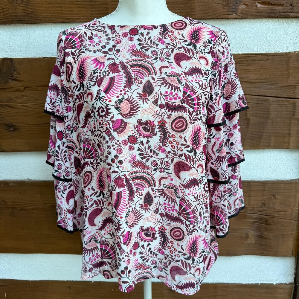 LOFT Pink, Burgundy, Black Floral Top. Blouse, Bell Sleeves, Lined, Size S Small
